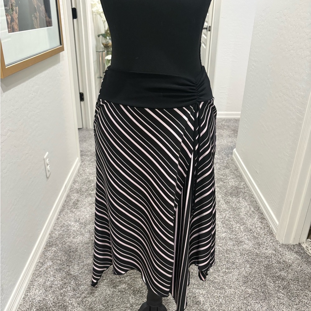 Y2K pink and black striped midi asymmetrical skirt